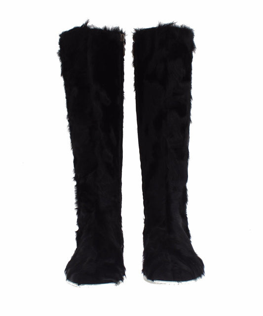 Dolce & Gabbana Elegant Black Fur Leather Flat Sneaker Boots