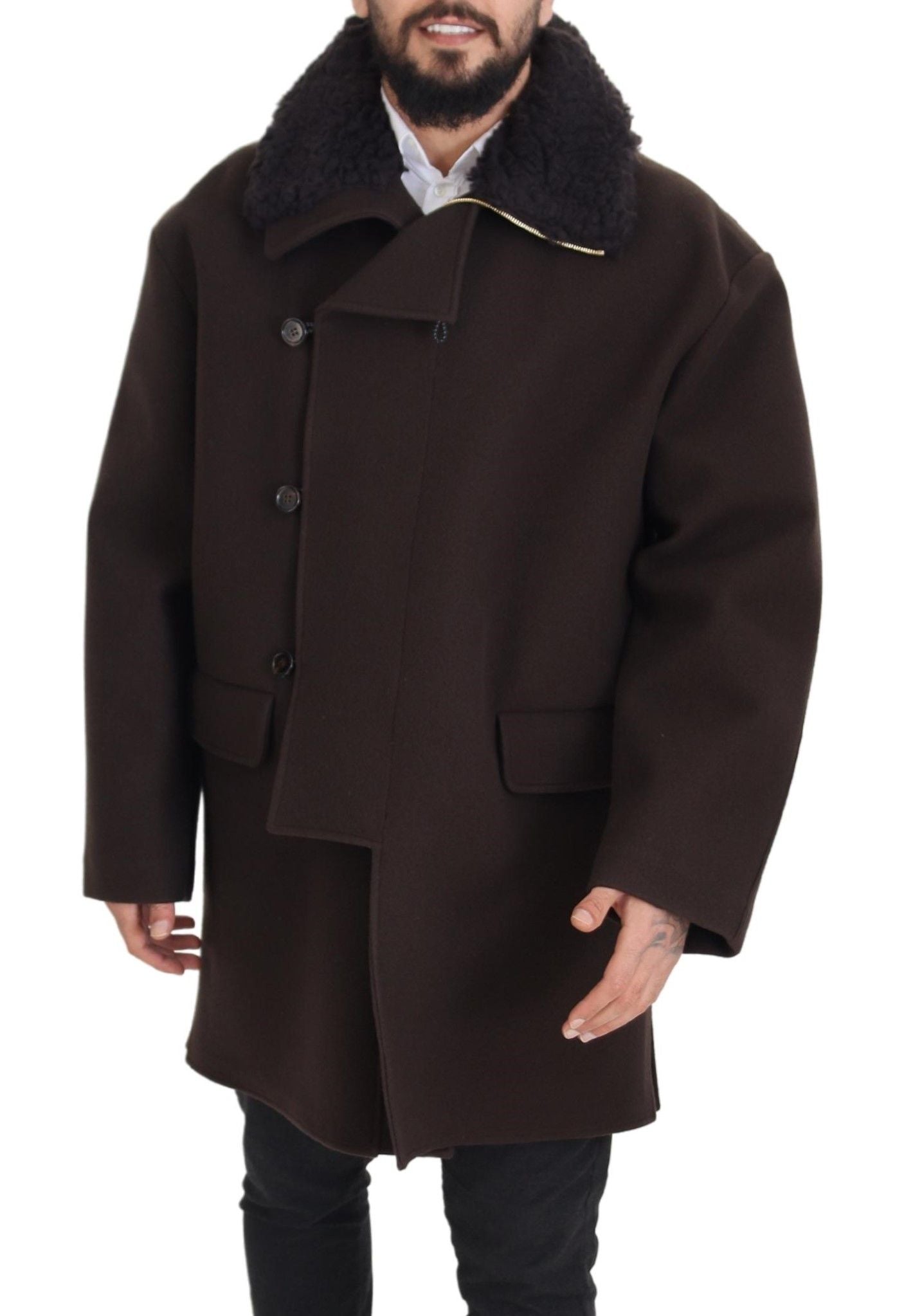 Dolce & Gabbana Elegant Dark Brown Shearling Coat Jacket