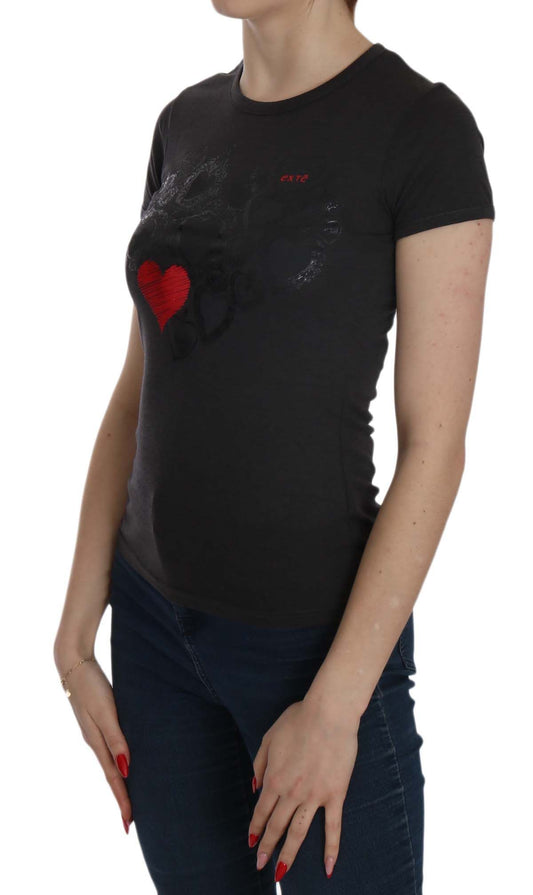 Exte Black Hearts Print Crew Neck Blouse