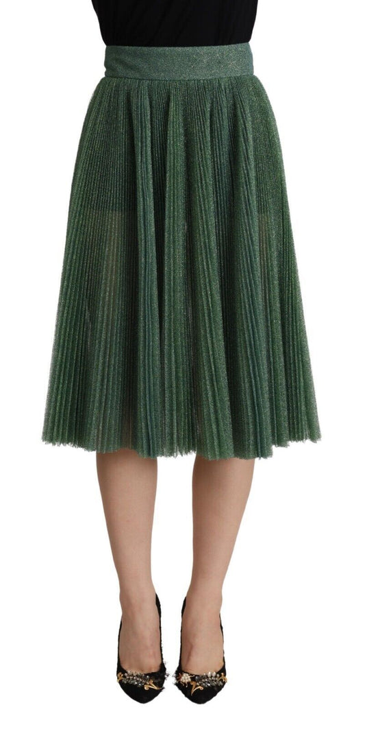 Dolce & Gabbana Metallic Green Pleated A-Line Midi Skirt