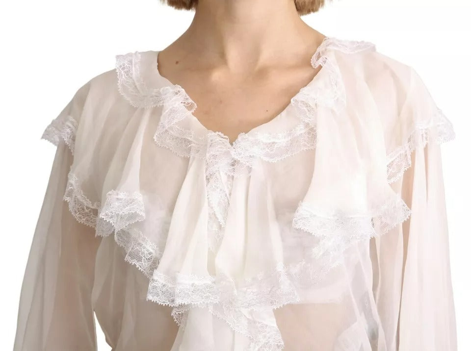 Dolce & Gabbana White Lace Vneck 3/4 Sleeve Blouse Silk Top