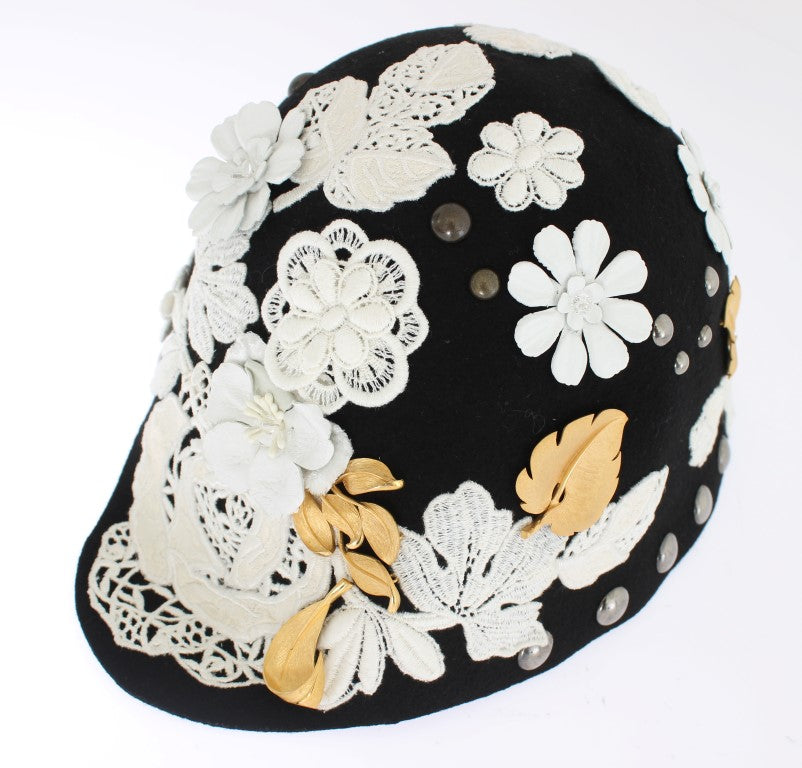 Dolce & Gabbana Elegant Black Floral Wool Cloche Hat