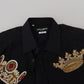 Dolce & Gabbana Elegant Black Slim Fit Dress Shirt with Crown Embroidery