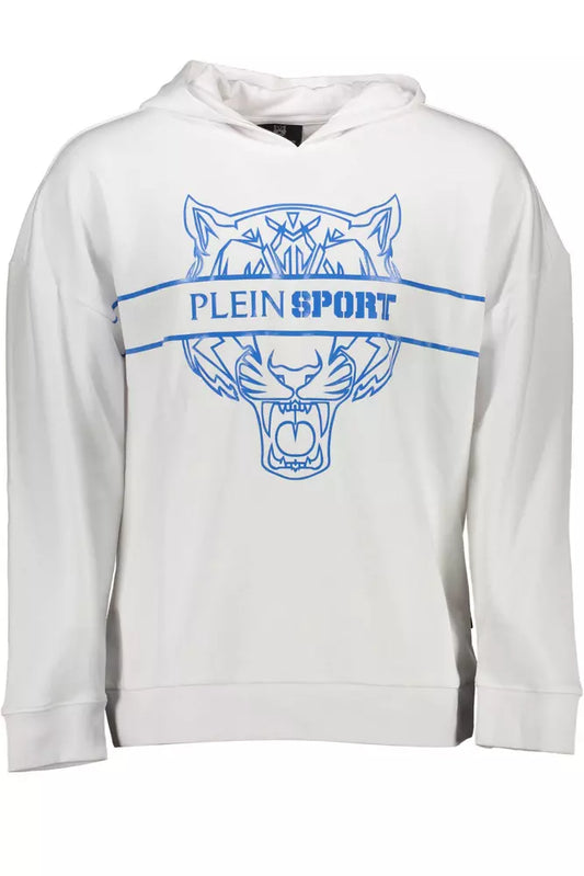 Plein Sport Sleek White Hooded Sweatshirt with Contrasting Print