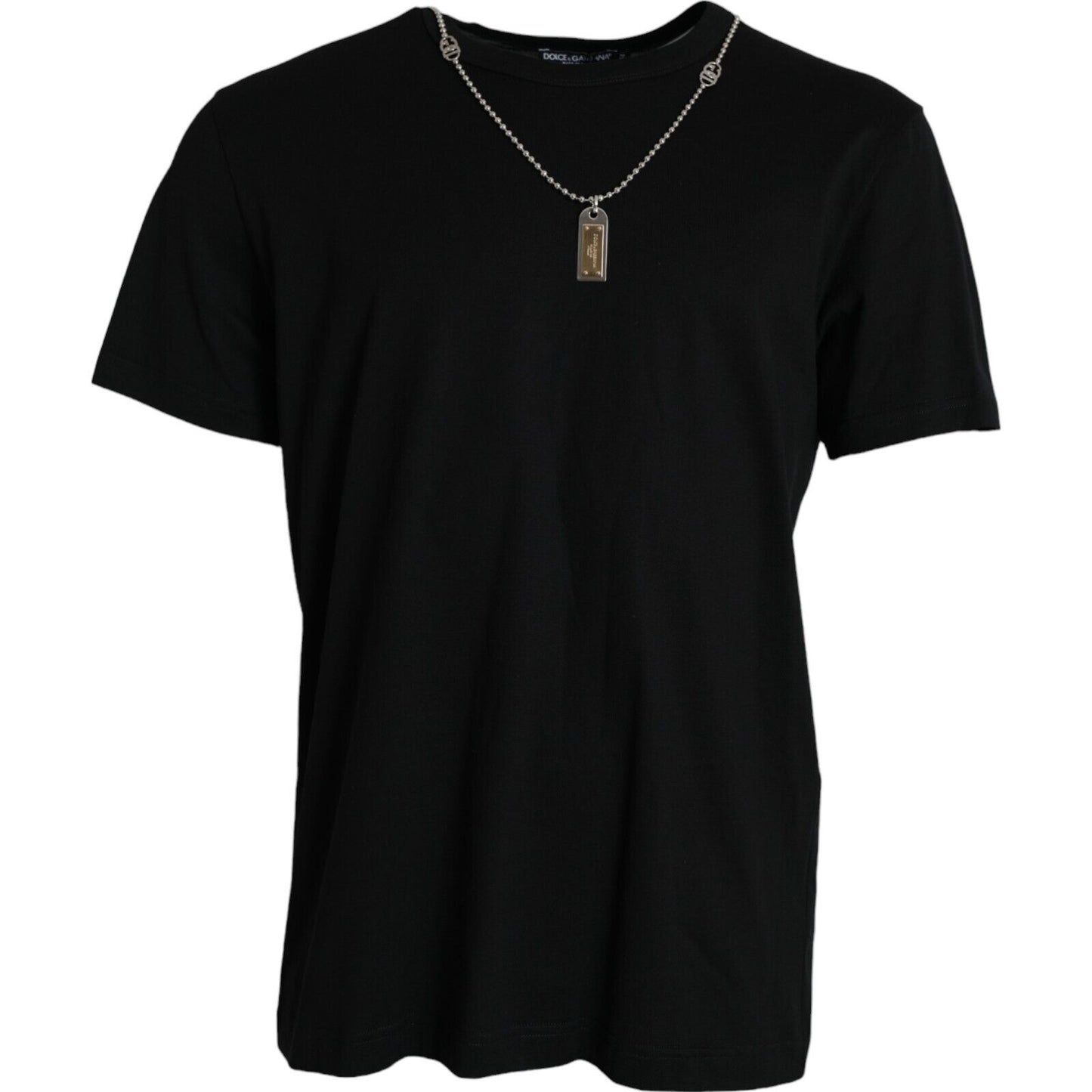 Dolce & Gabbana Elegant Black Cotton Crewneck Tee with Dog Tag Detail