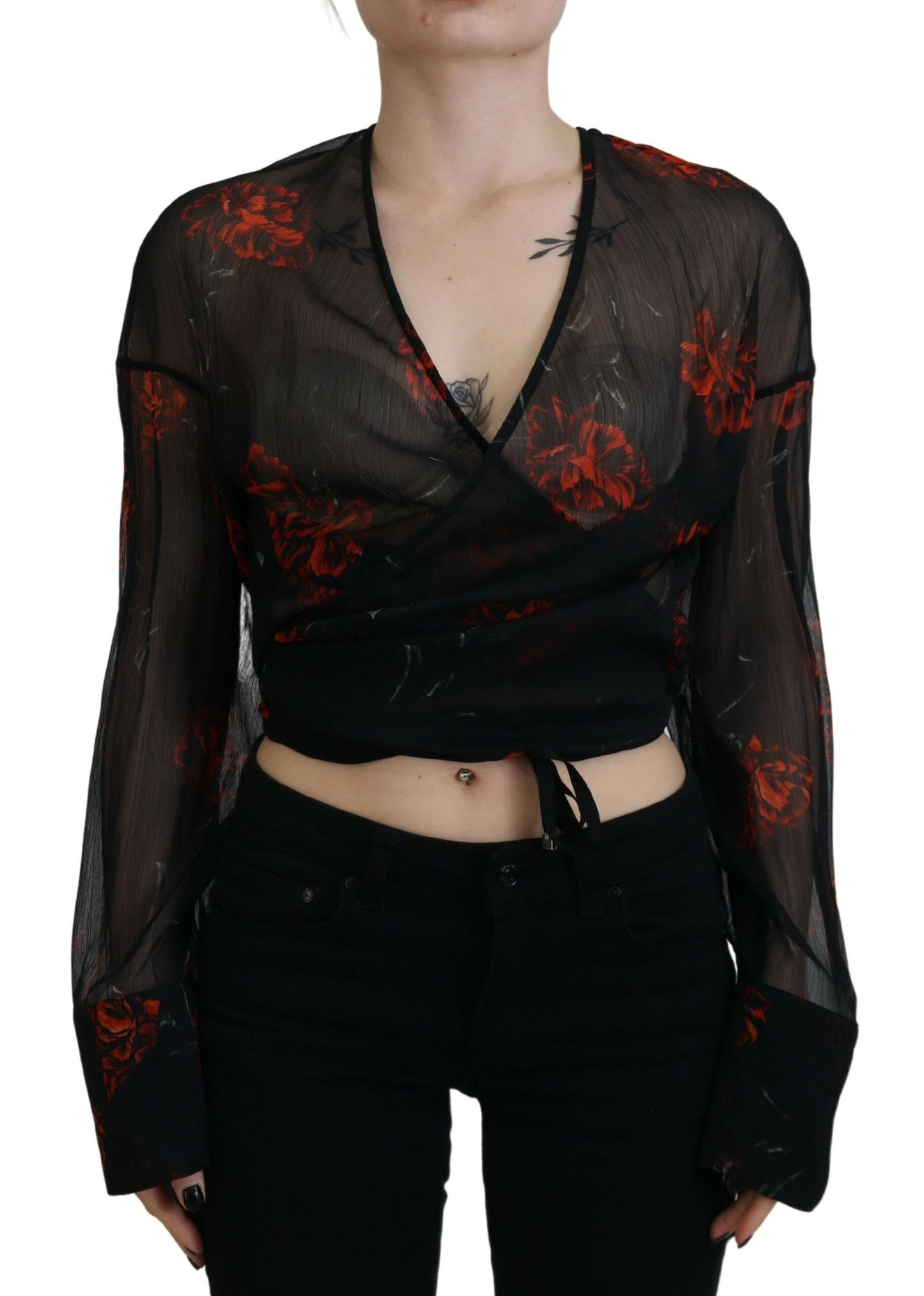 Dsquared² Black Floral Print Cropped Wrap Long Sleeves Top