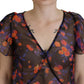 Dsquared² Black Floral Print Short Sleeves V-neck Blouse Top