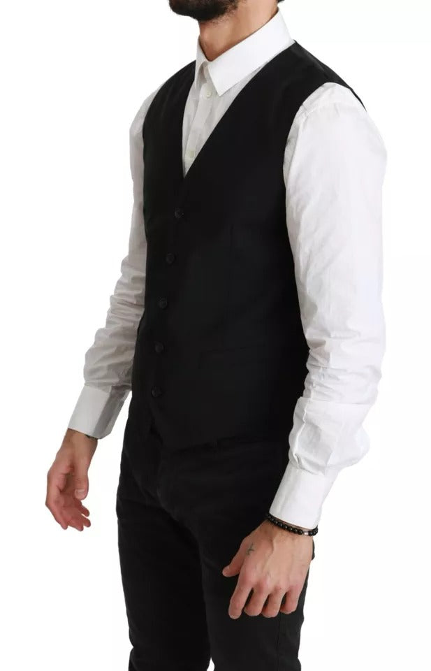 Dolce & Gabbana Black Wool Stretch Waistcoat Formal Dress Vest