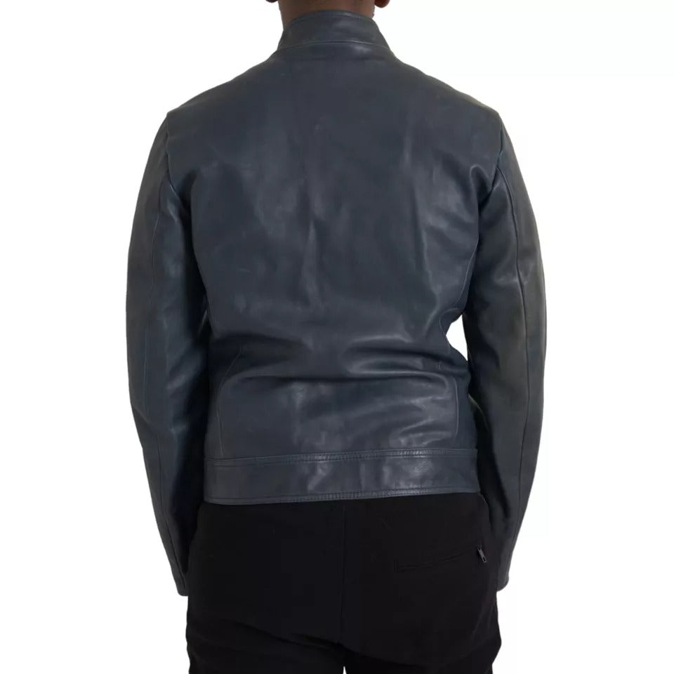 Dolce & Gabbana Blue Leather Full Zip Biker Blouson Jacket