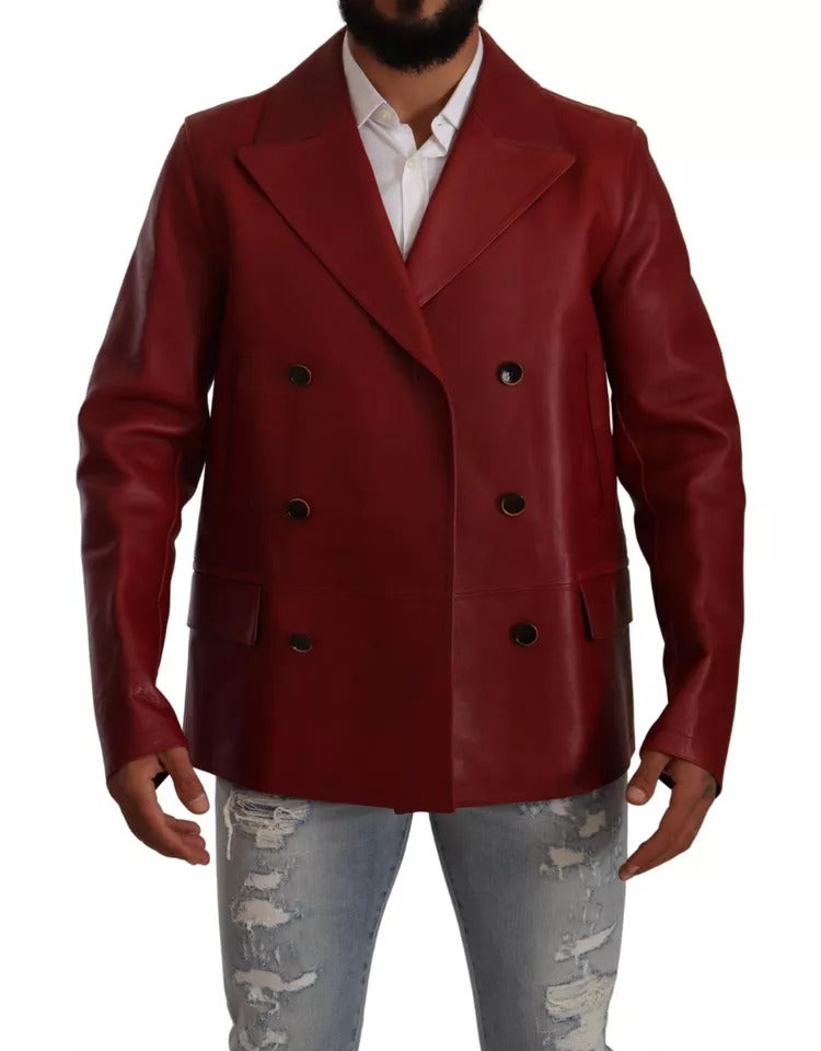 Dolce & Gabbana Red Double Breasted Leather Coat Jacket