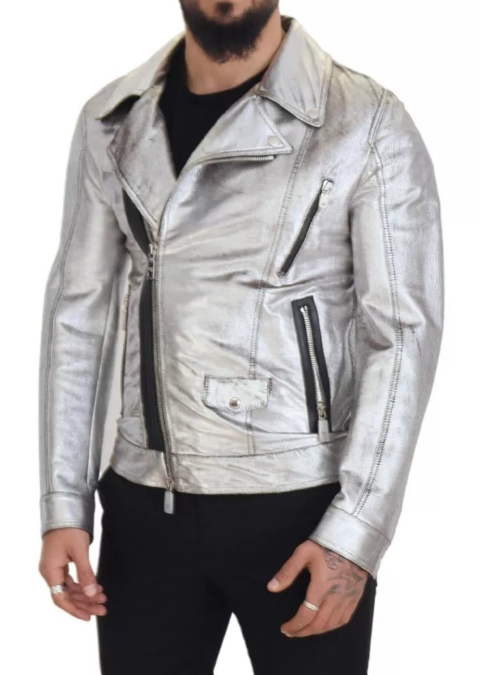 Dolce & Gabbana Silver Leather Biker Coat Lambskin Jacket