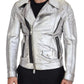 Dolce & Gabbana Silver Leather Biker Coat Lambskin Jacket