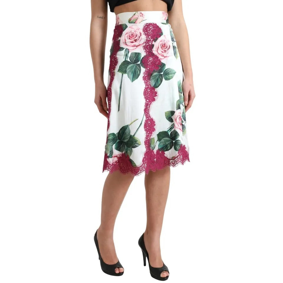 Dolce & Gabbana White Rose Print High Waist Midi A-line Skirt