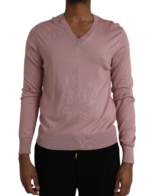 Dolce & Gabbana Pink Silk V-neck Long Sleeve Pullover Sweater