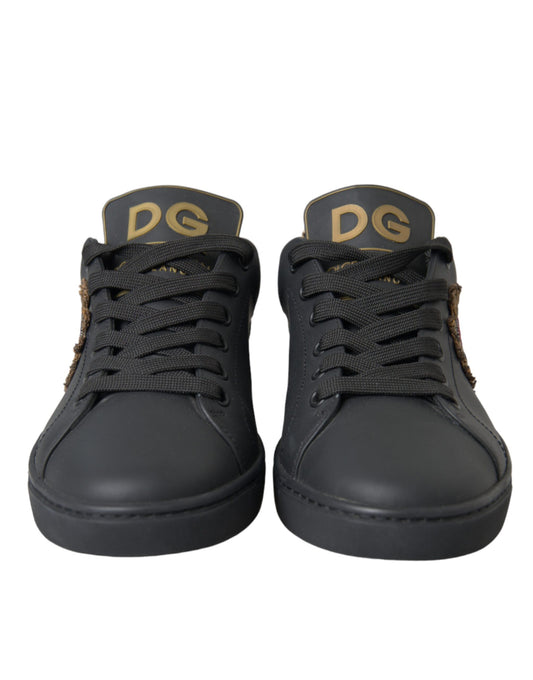 Dolce & Gabbana Black Leather Heart Embellished Sneakers Shoes