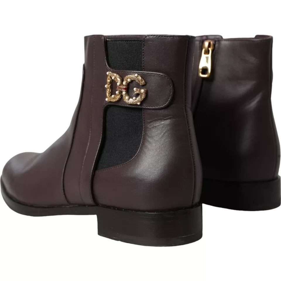 Dolce & Gabbana Brown Leather AMORE Flats Ankle Boots Shoes