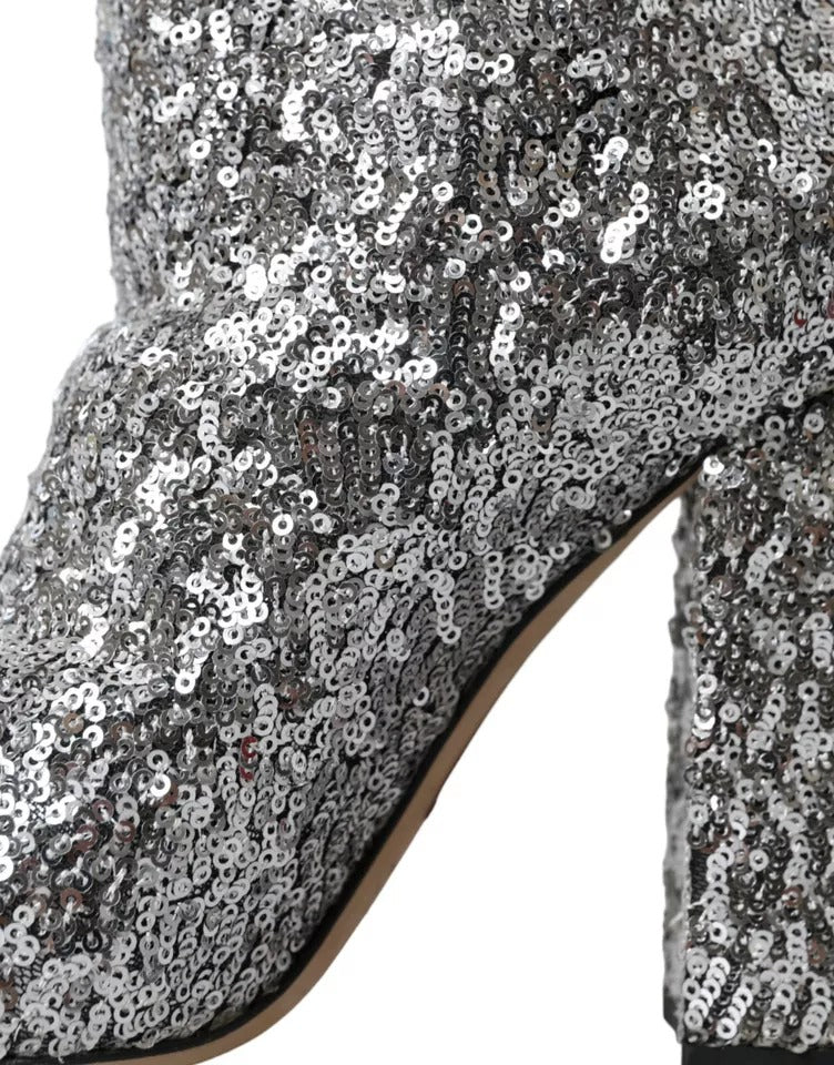 Dolce & Gabbana Silver Sequined High Boots Stretch Shoes