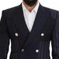 Dolce & Gabbana Blue Wool Patchwork Double Breasted Blazer