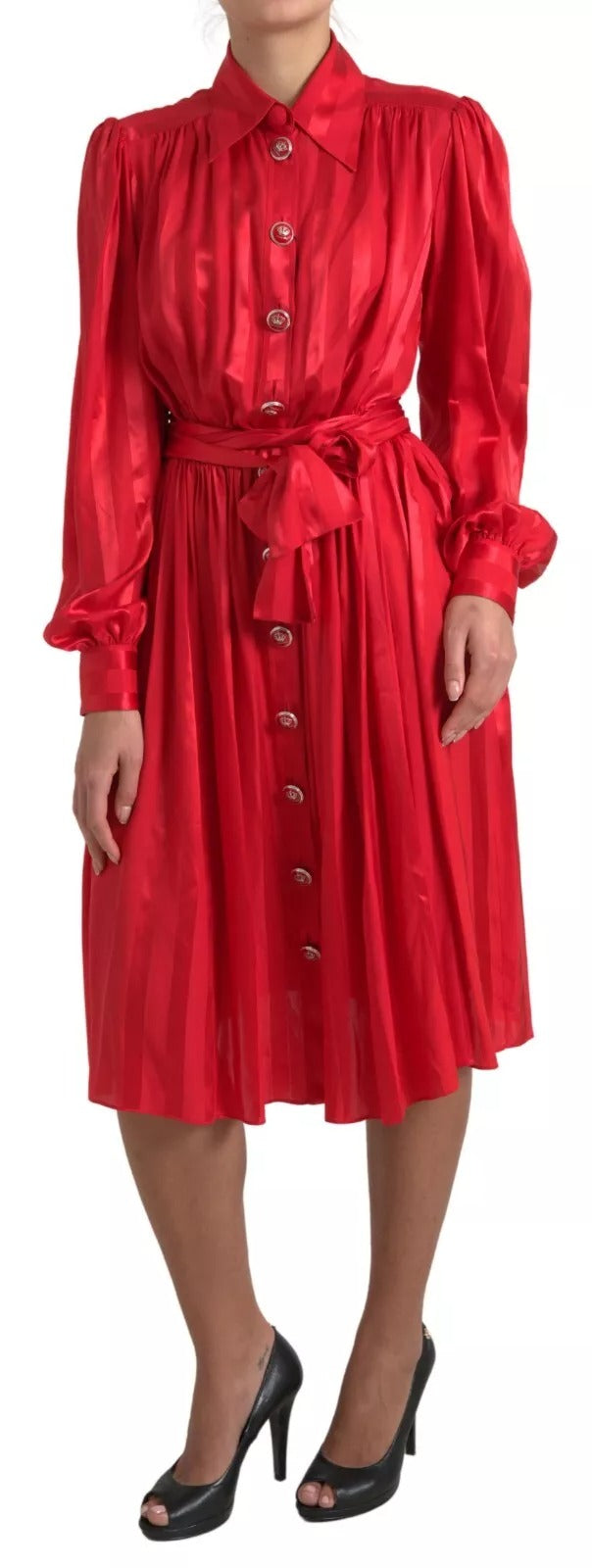 Dolce & Gabbana Elegant Red Silk Midi Dress with Button Detail