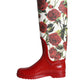 Dolce & Gabbana Red Floral Rubber Knee High Flat Boots Shoes