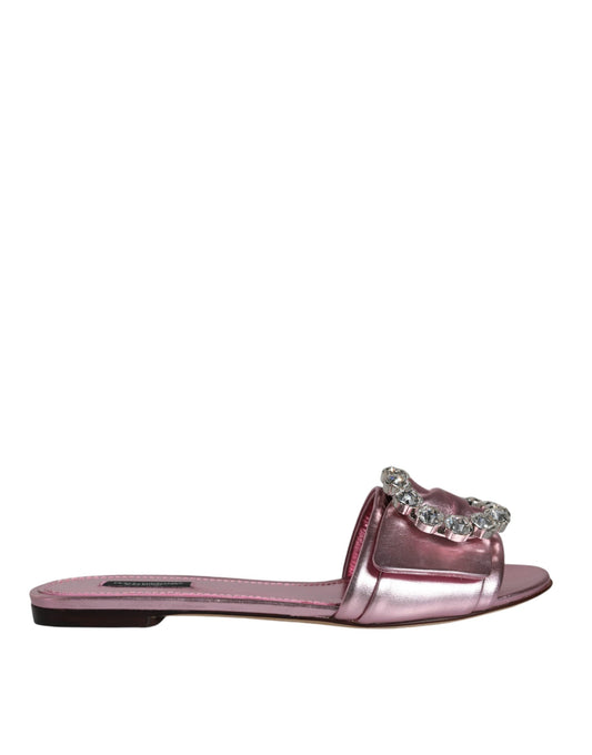 Dolce & Gabbana Metallic Pink Crystal Leather Flats Sandals Shoes