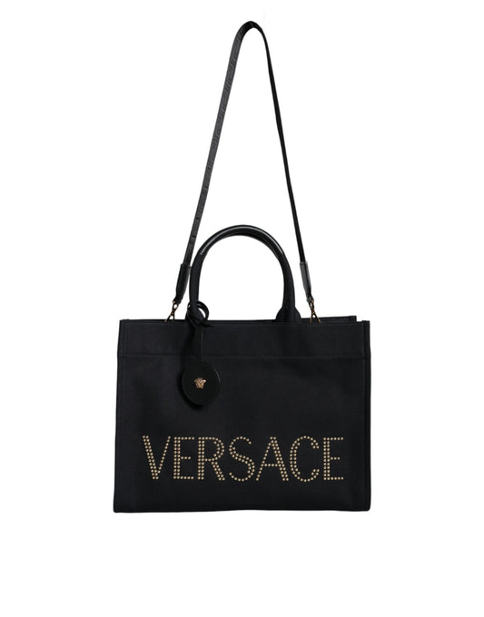 Versace Black Top Handle Canvas Leather Logo Crossbody Tote Bag