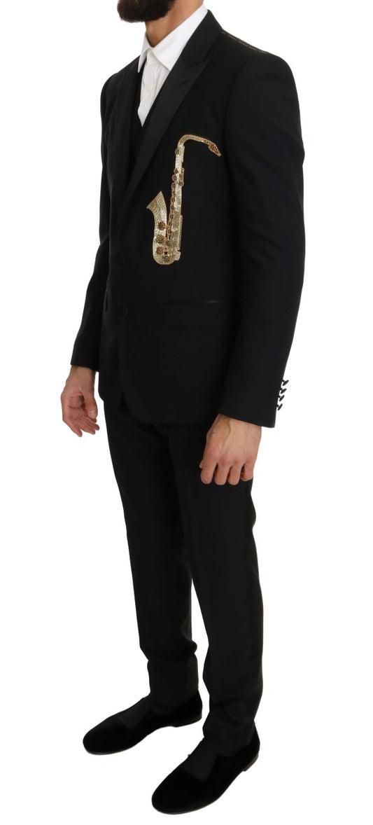 Dolce & Gabbana Elegant Black Three-Piece Suit with Saxophone Embroidery