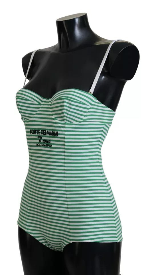 Dolce & Gabbana White Green Stripes One Piece Beachwear Swimwear