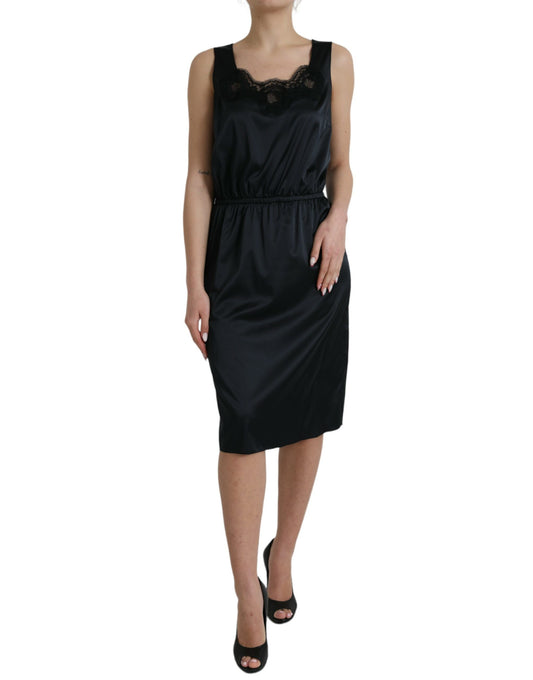 Dolce & Gabbana Black Polyester Lace Trim Sheath Midi Dress