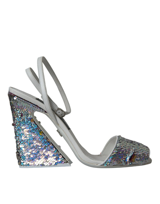 Dolce & Gabbana White Silver Sequin Ankle Strap Sandals Shoes
