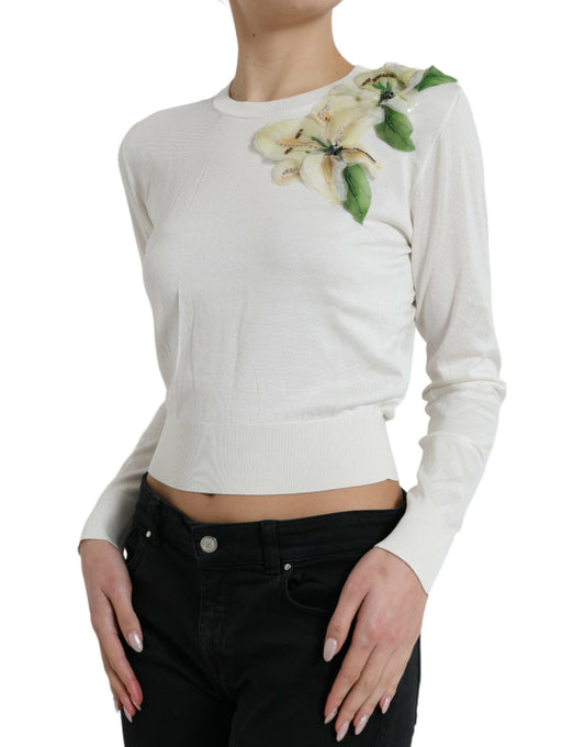 Dolce & Gabbana Silk Floral Applique Pullover Sweater