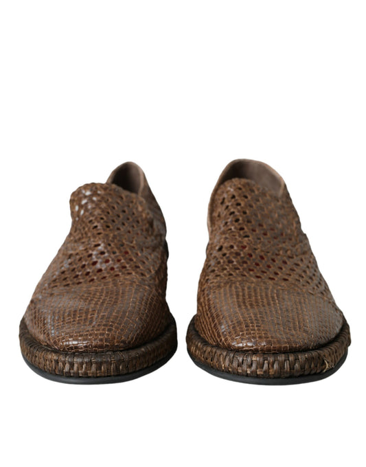Dolce & Gabbana Brown Woven Leather Loafers Casual Shoes