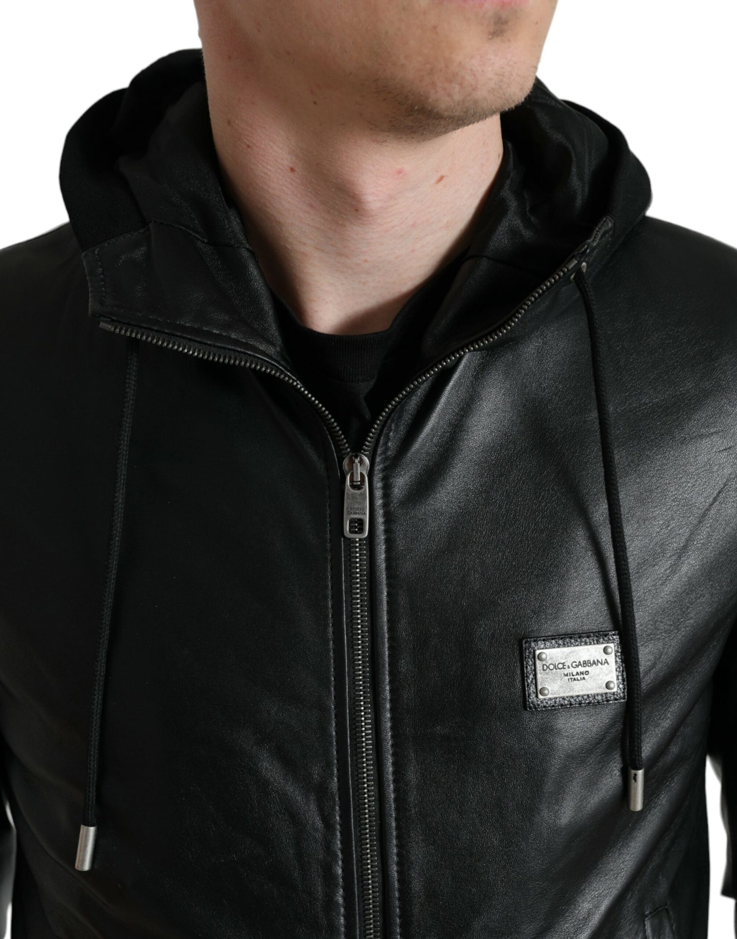 Dolce & Gabbana Elegant Black Leather Hooded Zip Jacket