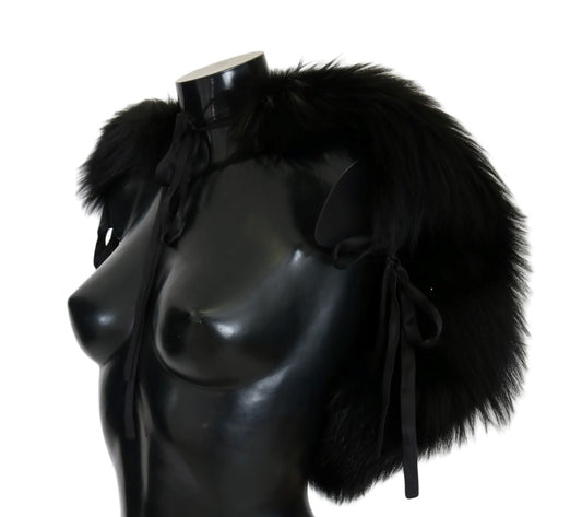 Dolce & Gabbana Elegant Black Silver Fox Fur Wrap Scarf