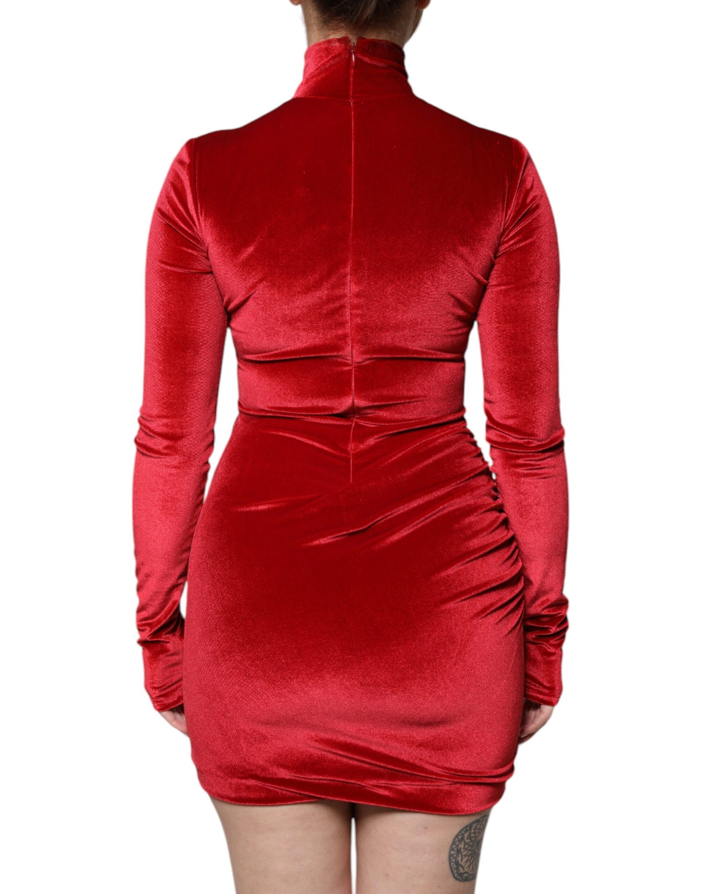 Dolce & Gabbana Red Velvet Long Sleeves Bodycon Mini Dress