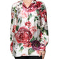 Dolce & Gabbana White Peony Silk Long Sleeves Collared Blouse Top