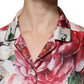 Dolce & Gabbana White Peony Silk Long Sleeves Collared Blouse Top