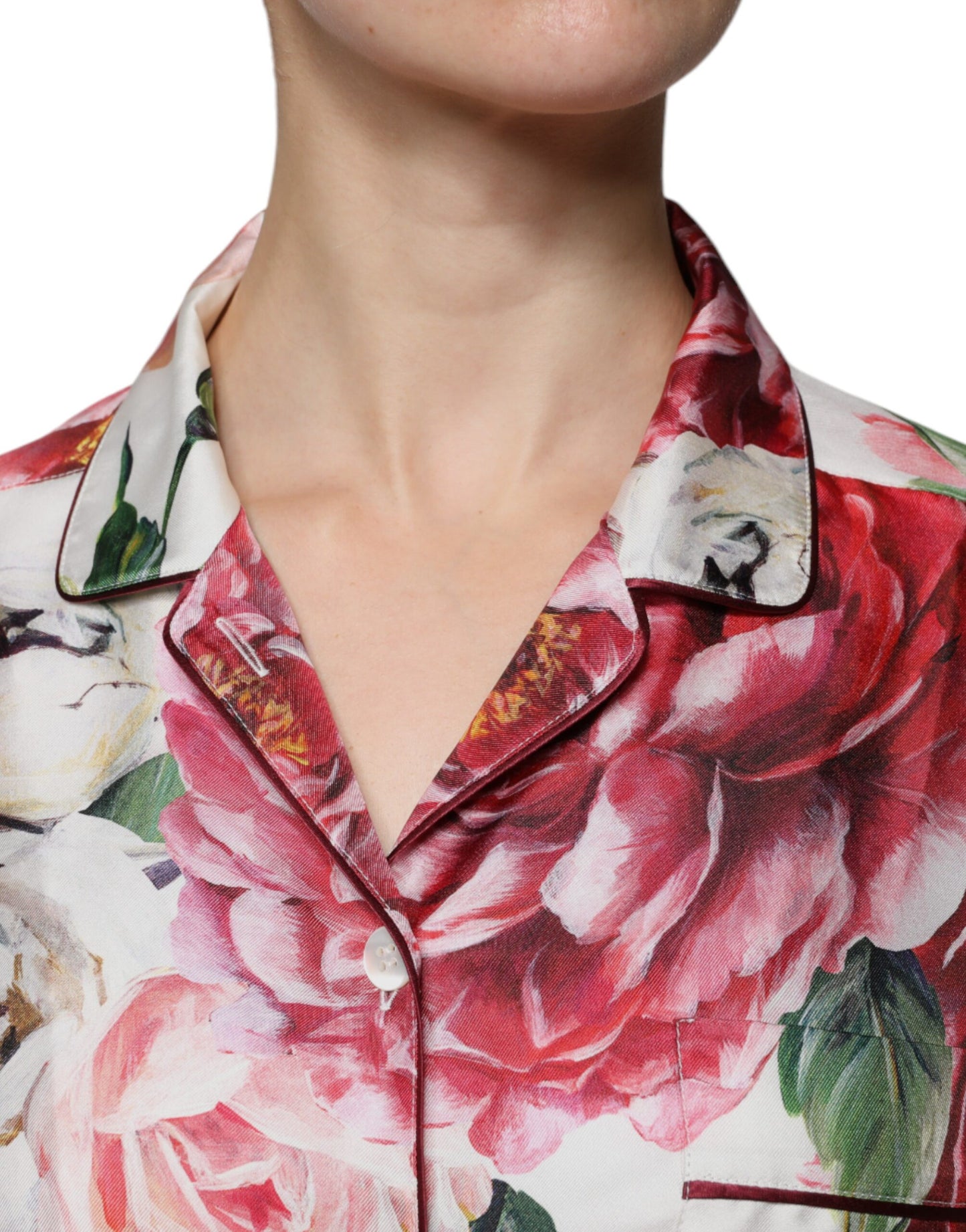 Dolce & Gabbana White Peony Silk Long Sleeves Collared Blouse Top