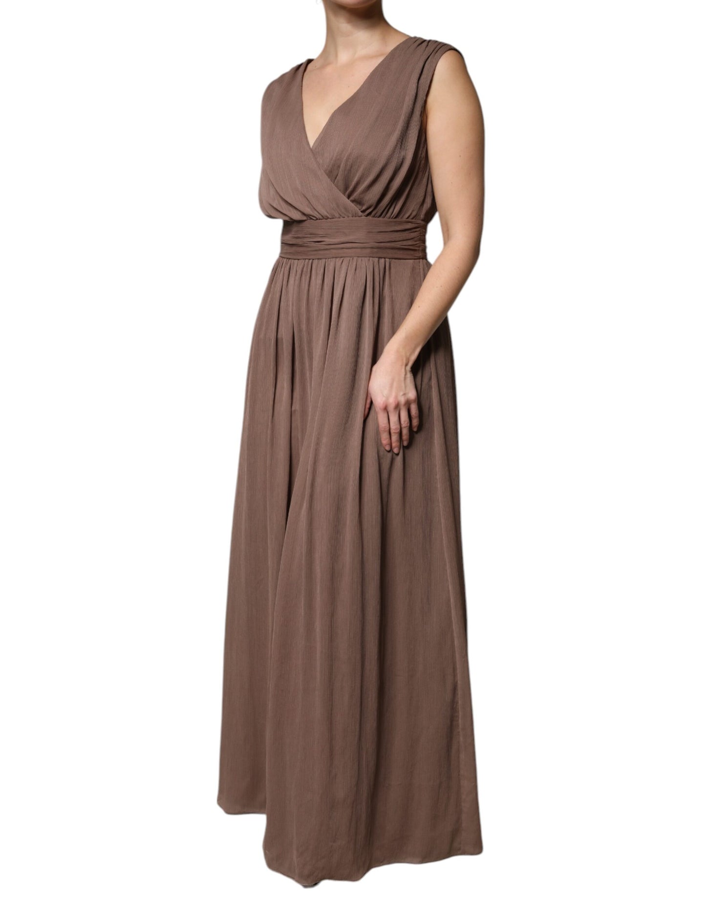 Peserico Brown Sleeveless Deep V-neck A-line Long Maxi Dress