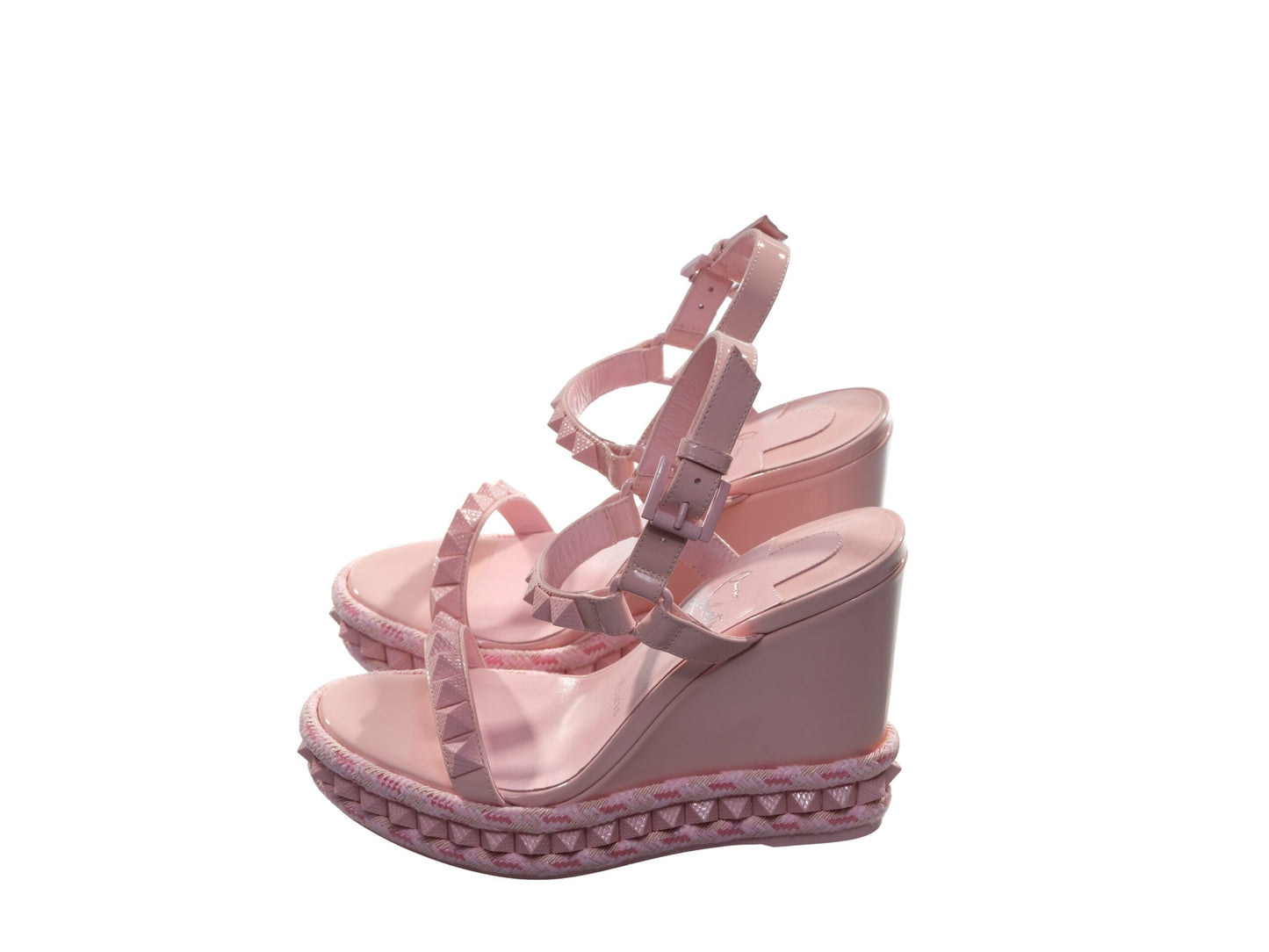 Christian Louboutin Pyraclou 100 Rosy Pink Studded Patent Leather High Heel Wedge Sandals