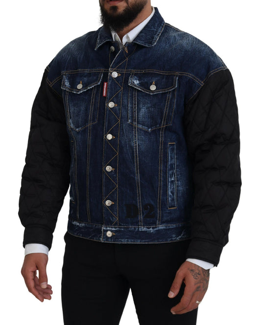 Dsquared² Blue Denim Black Sleeves Men Jacket Cotton Bomber