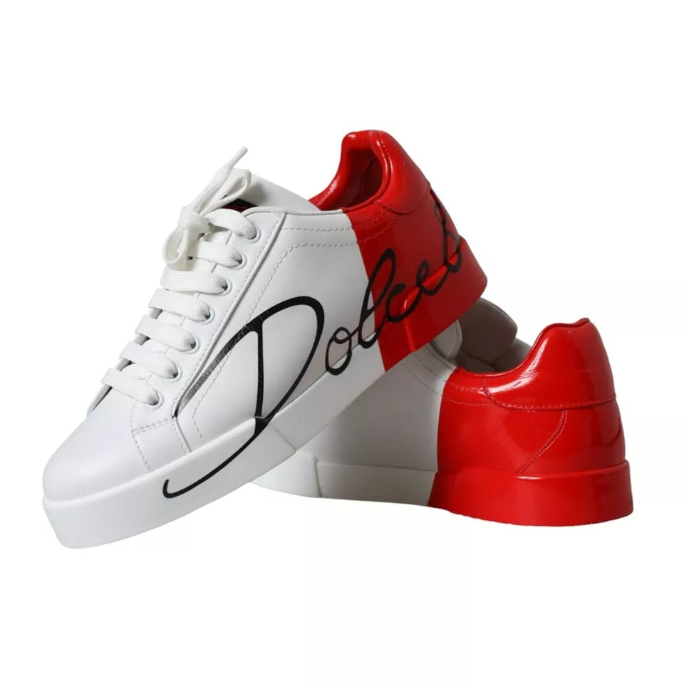 Dolce & Gabbana White Red Leather Logo Low Top Sneakers Shoes