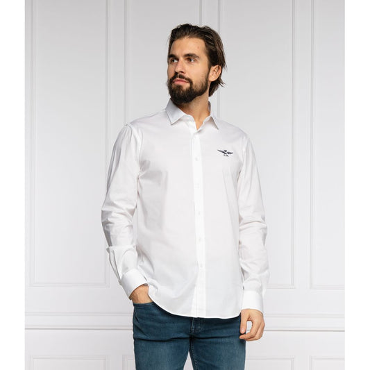 Aeronautica Militare Slim Fit White Cotton Shirt with Eagle Logo