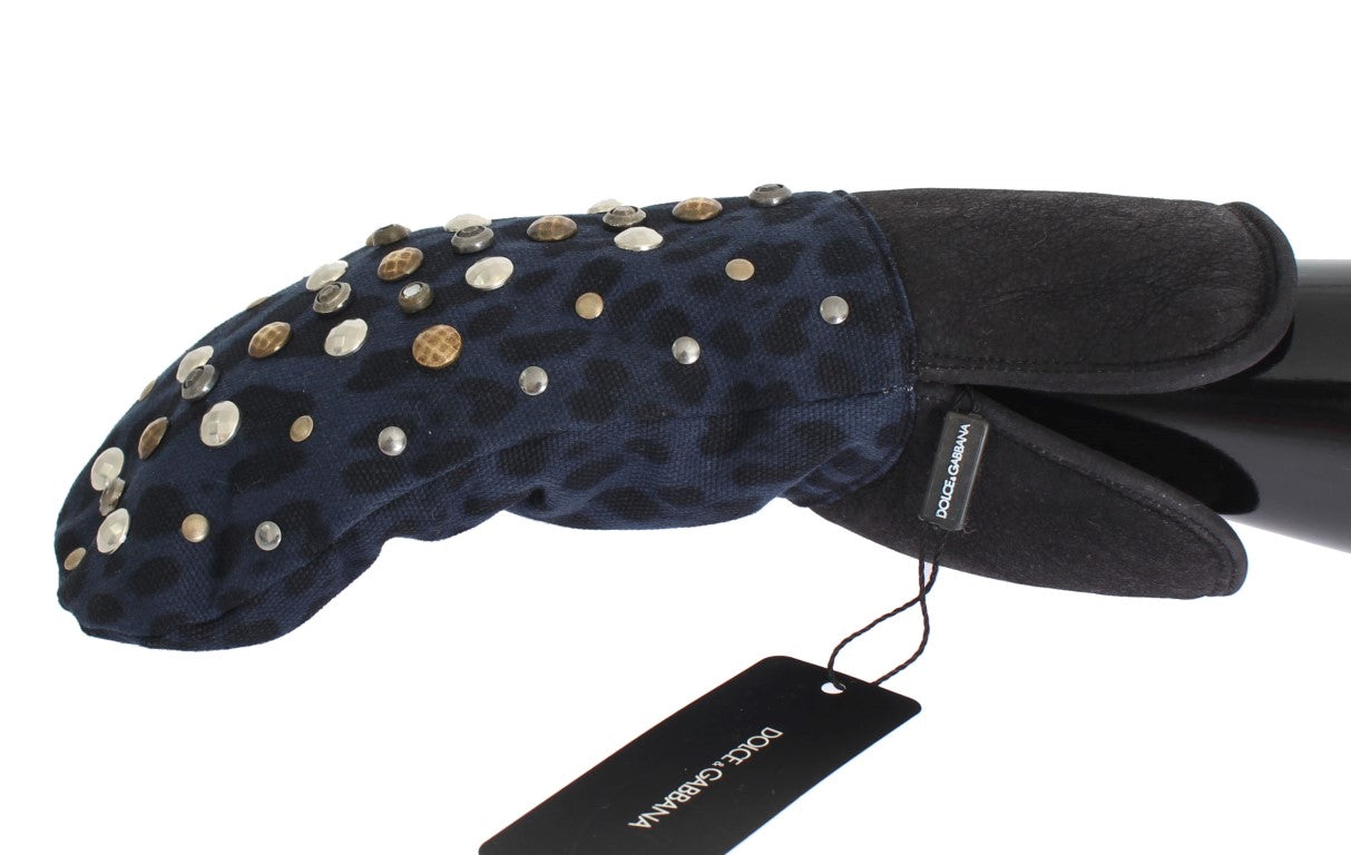 Dolce & Gabbana Gray Wool Shearling Studded Blue Leopard Gloves