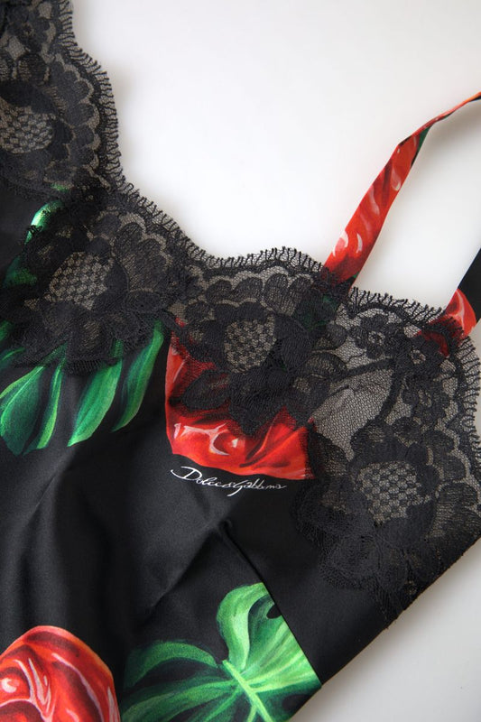 Dolce & Gabbana Black Anthurium Print Silk Camisole Top Underwear