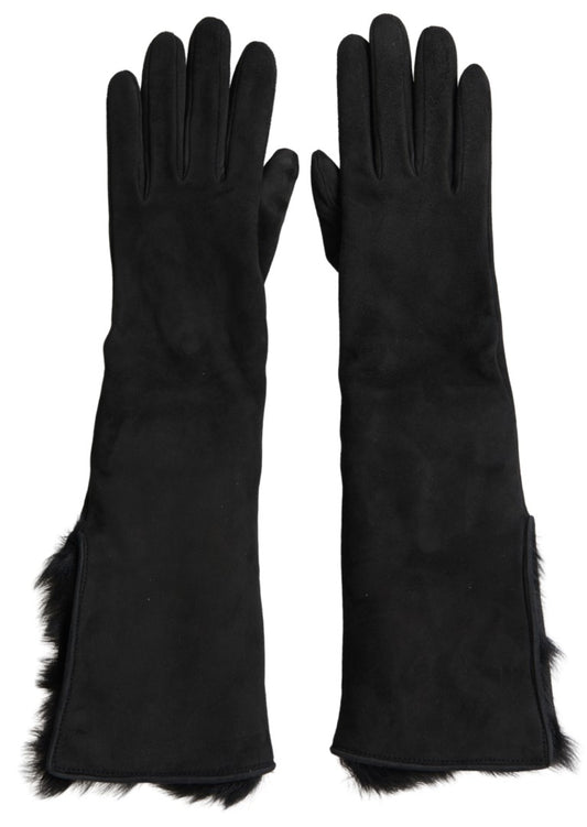 Dolce & Gabbana Black Leather Fur Elbow Length Gloves