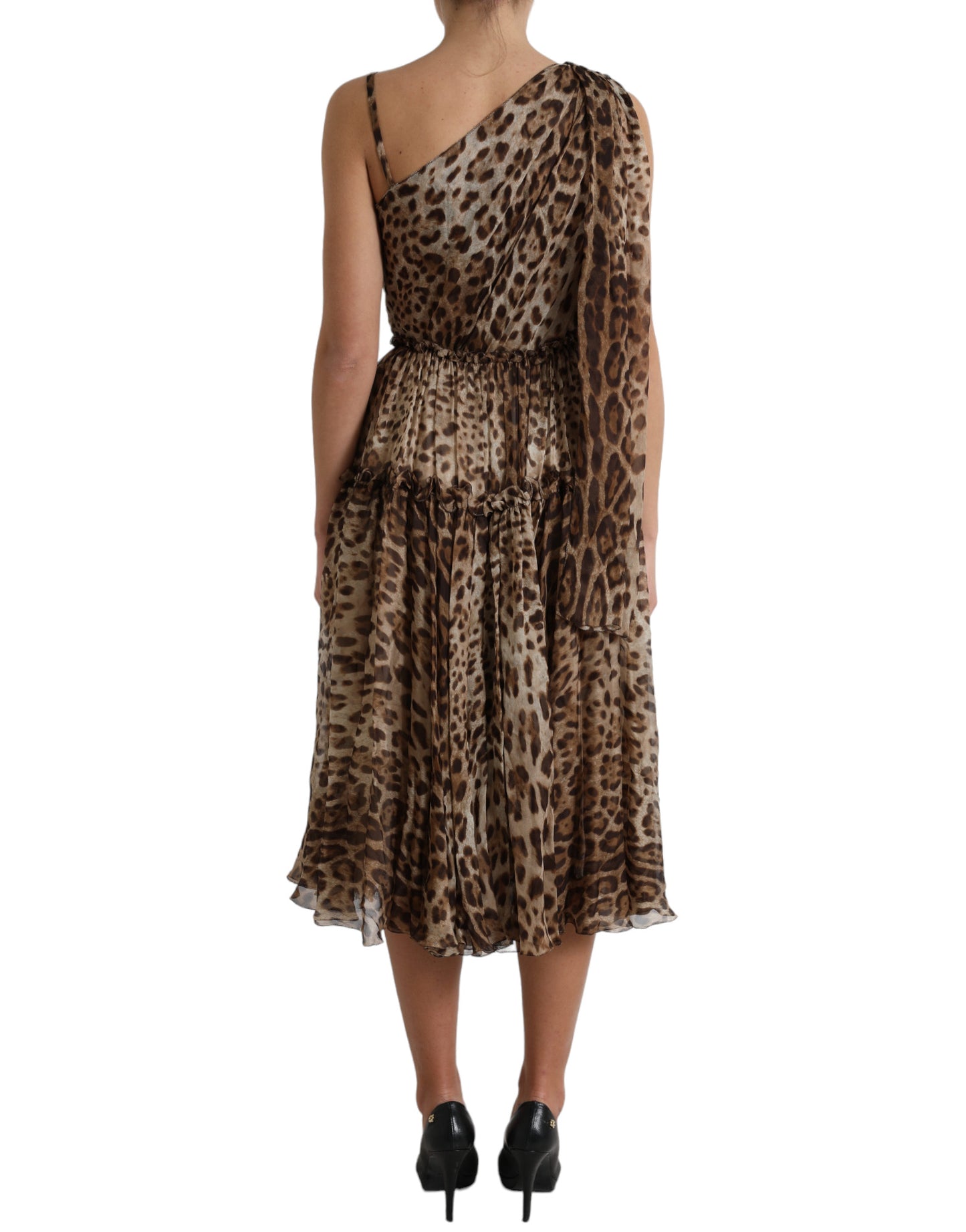 Dolce & Gabbana Elegant One-Shoulder Leopard Midi Dress
