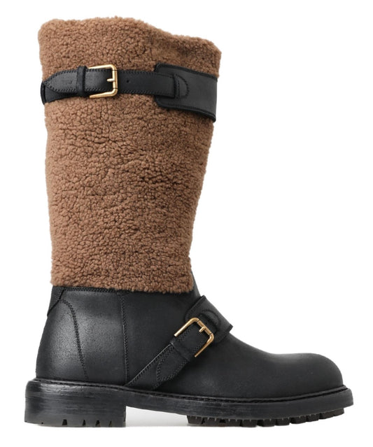 Dolce & Gabbana Black Leather Brown Shearling Boots