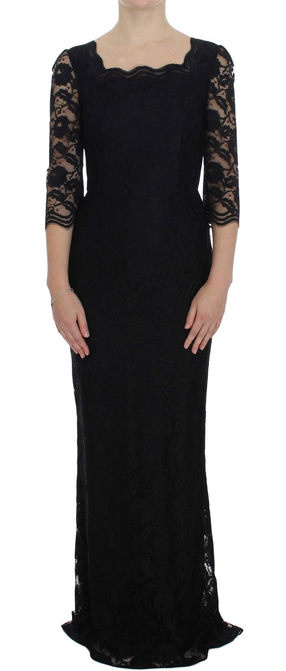 Dolce & Gabbana Black Floral Lace Long Ball Maxi Dress