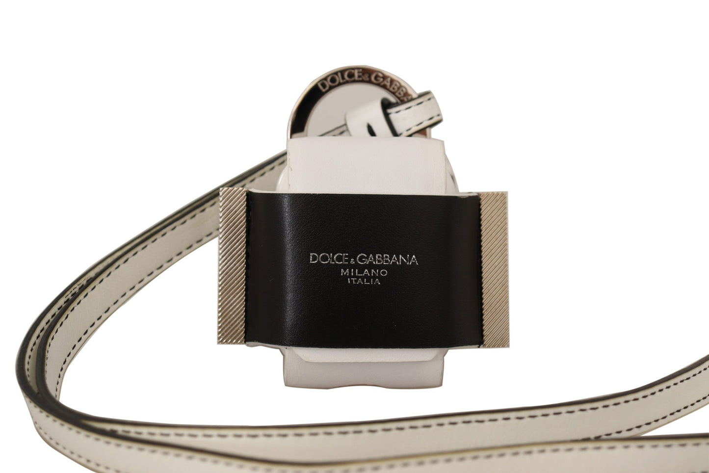 Dolce & Gabbana White Black Leather Strap Silver Metal Logo Airpods Case